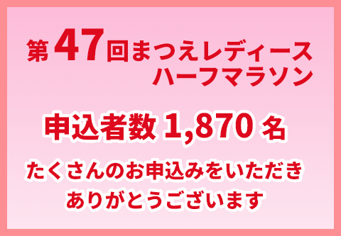 第47回まつえレディースハーフマラソン 申込者数 1,869名たくさんのお申込みをいただきありがとうございます